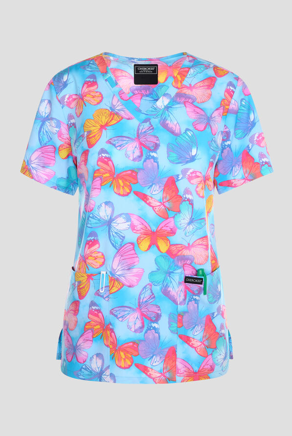 Blusa médica estampada Cherokee Glowing Butterflies STRETCH con cuello en V y 2 bolsillos para mujer - null - 1