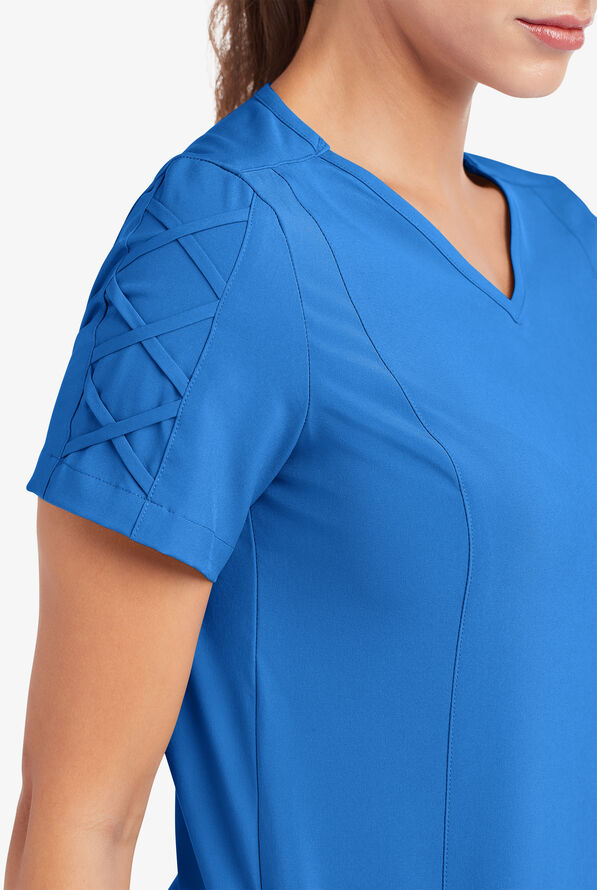 Easy STRETCH Kylie Woman's 5 Pocket V-Neck With Criss-Cross Detail Scrub Top - Cerulean - 6