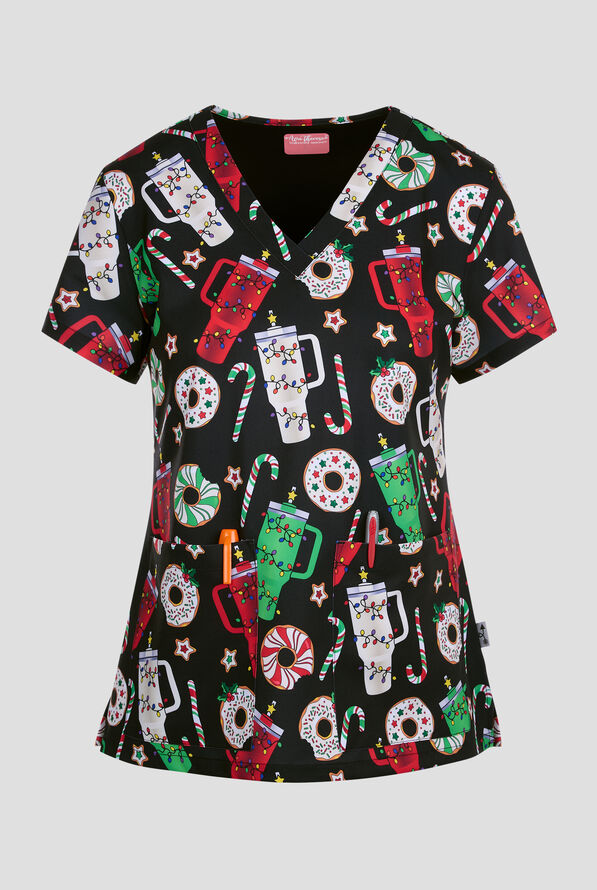 Zavate Ava Therese Sip And Eat Women's 2-Pocket STRETCH V-Neck Print Scrub Top - null - 1