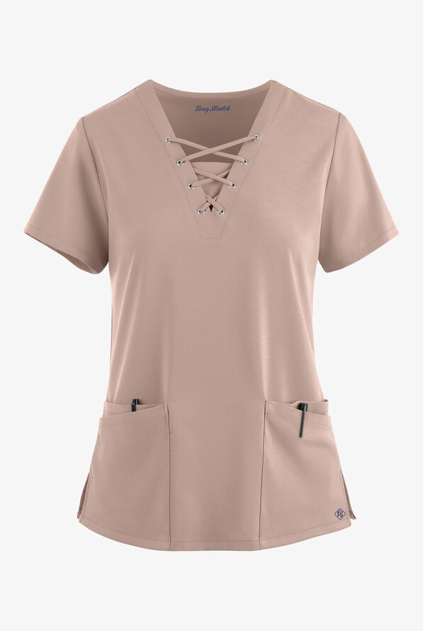 Easy STRETCH Gisele Women's 4-Pocket Lace Up V-Neck Scrub Top - Mocha Meringue - 1