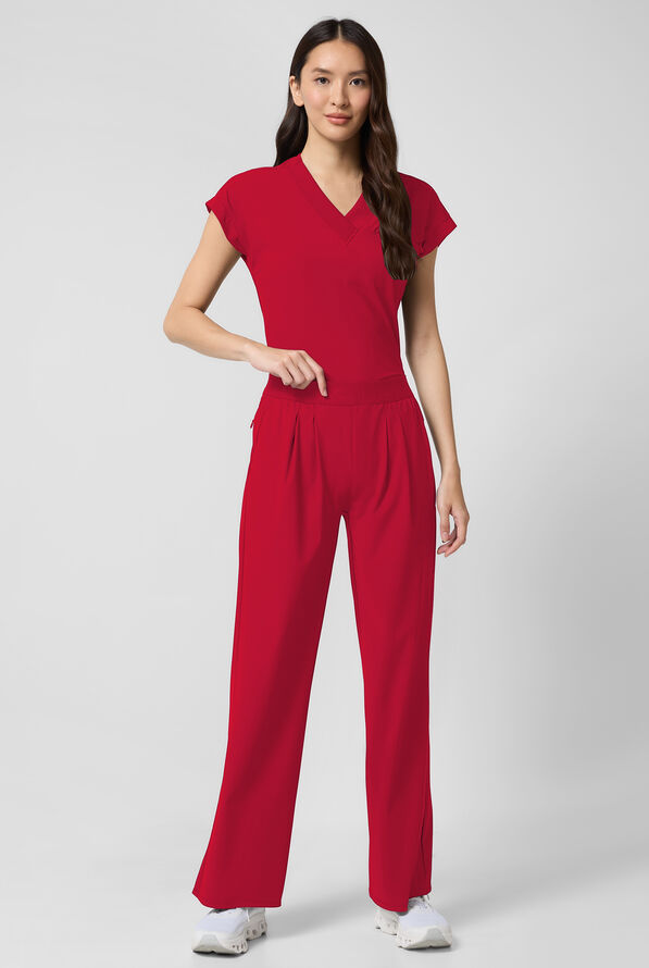 Infinity Pursuit Women's 3-Pocket STRETCH Pull On Pleated Wide Leg Scrub Pant - Cherry Pop - 4