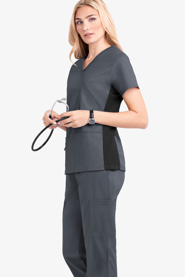 Butter-Soft STRETCH Women's 3-Pocket V-Neck with Side Knit Panels Scrub Top - Pewter/Black - 2