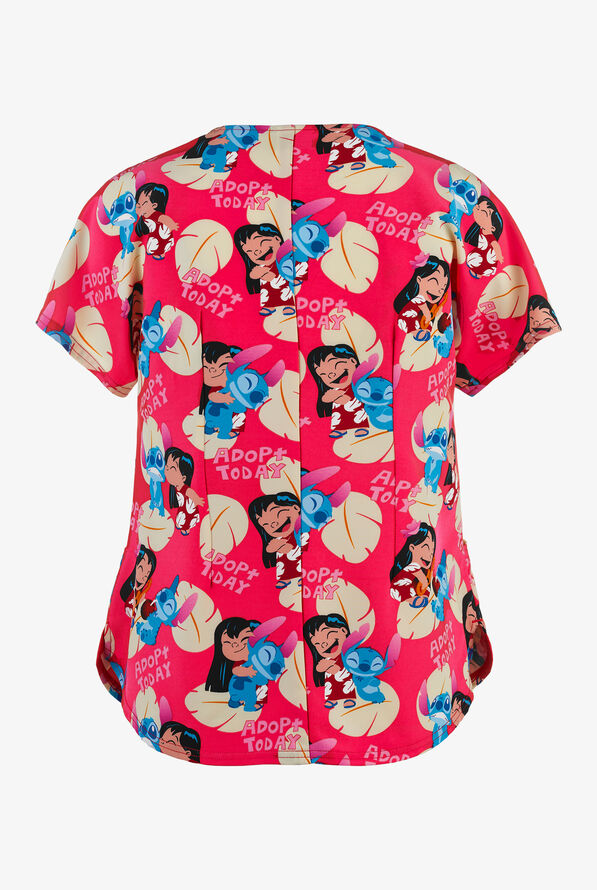 Cherokee Tooniforms Disney Adopt Today Women's 2-Pocket Lace-Up Notched Round Neck Print Scrub Top - null - 2