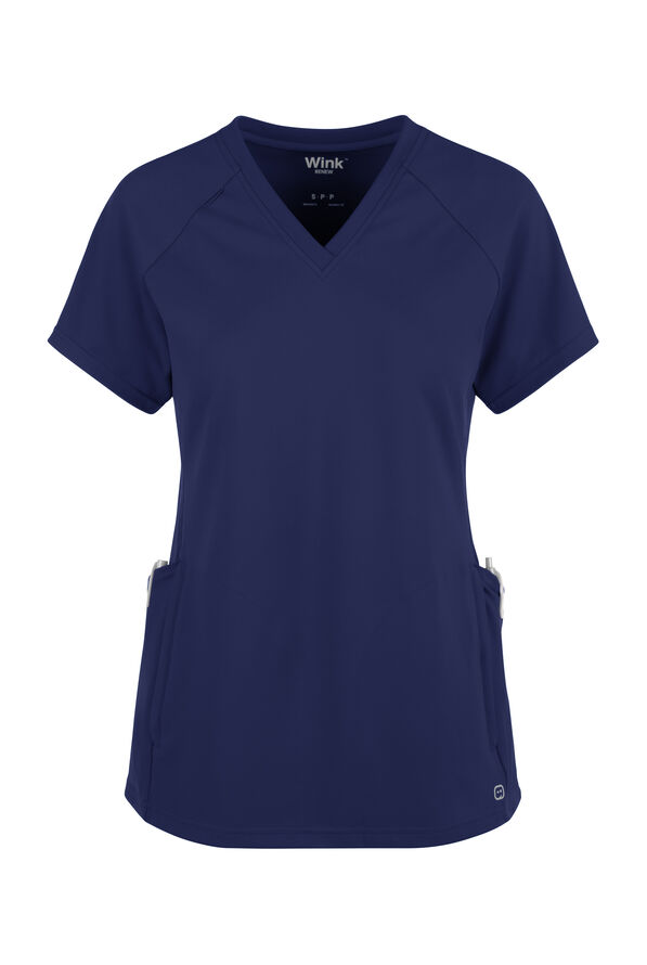 Wink Renew Knit Women's 4-Pocket STRETCH Rib-Knit Side Panel Raglan Sleeve V-Neck Scrub Top - Navy - 1