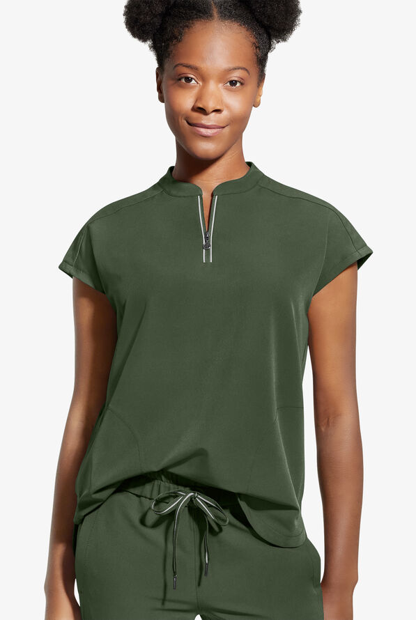 Healing Hands 360 Sandy Women's 2-Pocket STRETCH Dolman Sleeve Zip Mandarin Collar Scrub Top - Dark Pine - 2