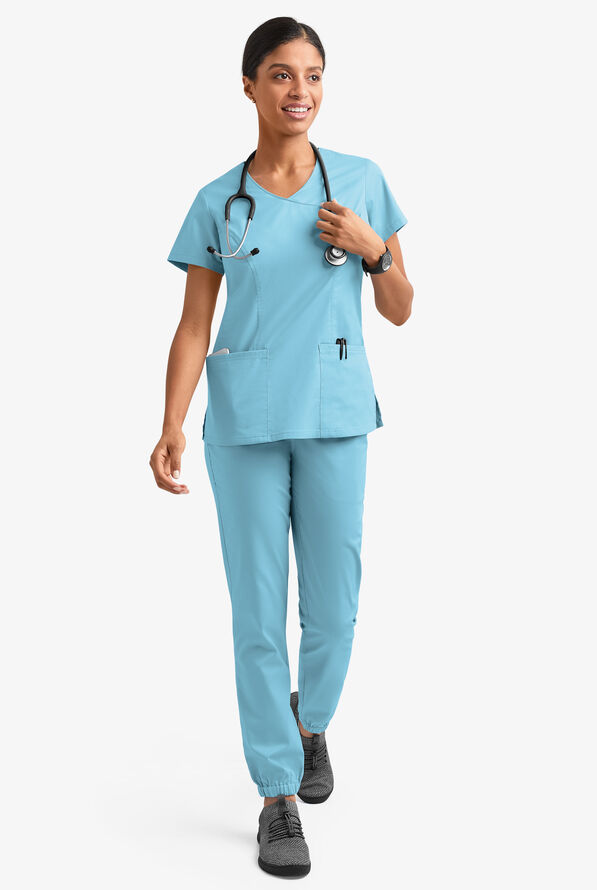 Blusa m&eacute;dica UA Butter-Soft STRETCH estilo cruzado con cuello en V y 3 bolsillos para mujer - Poolside View - 6