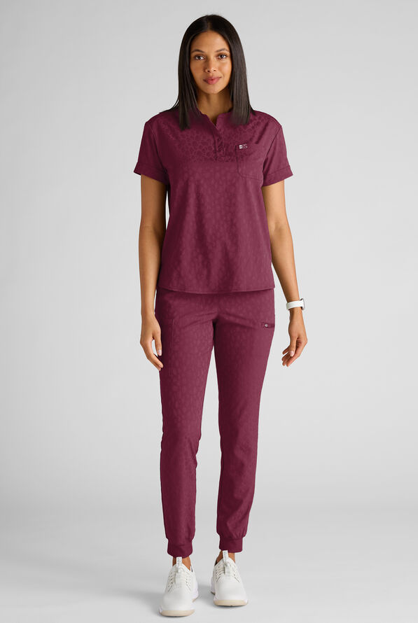 Easy STRETCH Olivia Women's Jacquard 7-Pocket Slim Leg Jogger Scrub Pant - Wine - 5