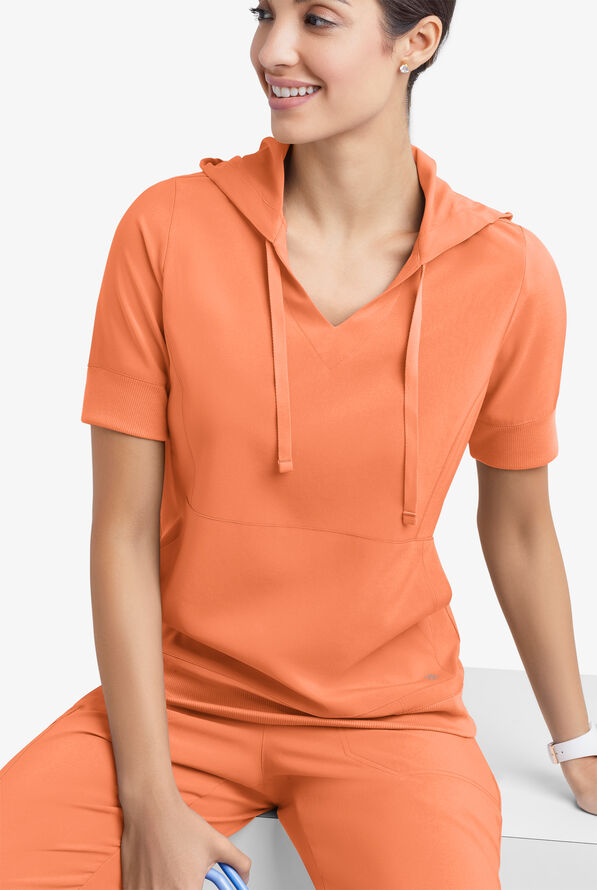 Easy STRETCH True Women's 3-Pocket Short Sleeve Pull-Over Scrub Hoodie - Coral Haze - 1