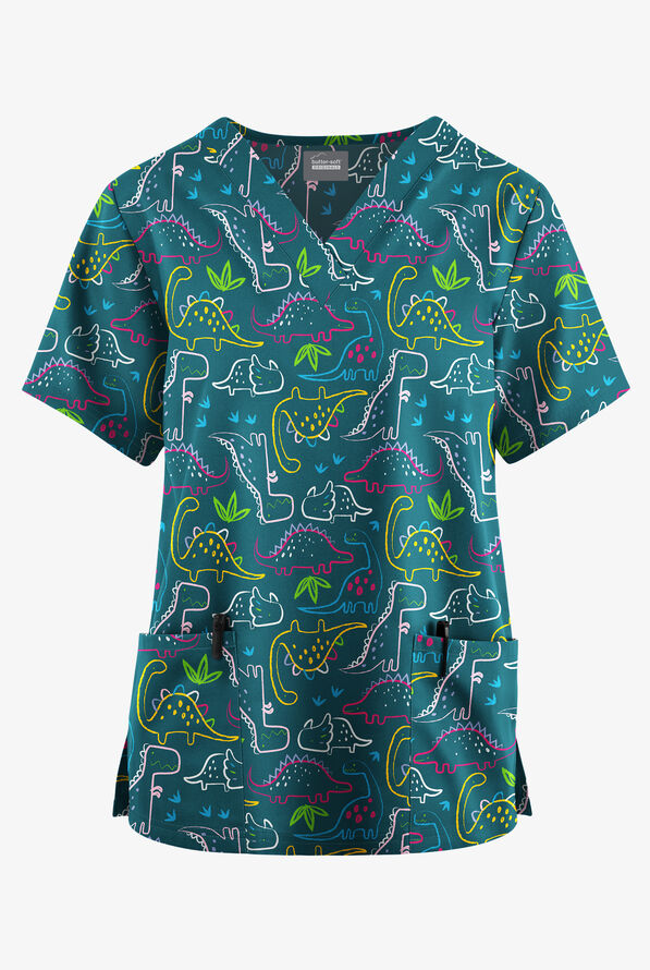 Butter-Soft Originals Dino Park Caribbean Blue Women's 2-Pocket Classic Fit V-Neck Print Scrub Top - null - 1