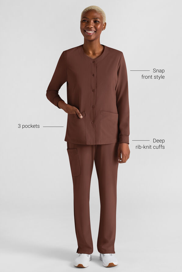 Easy STRETCH Rachel Women's 3-Pocket Snap Front Scrub Jacket - Double Espresso - 3