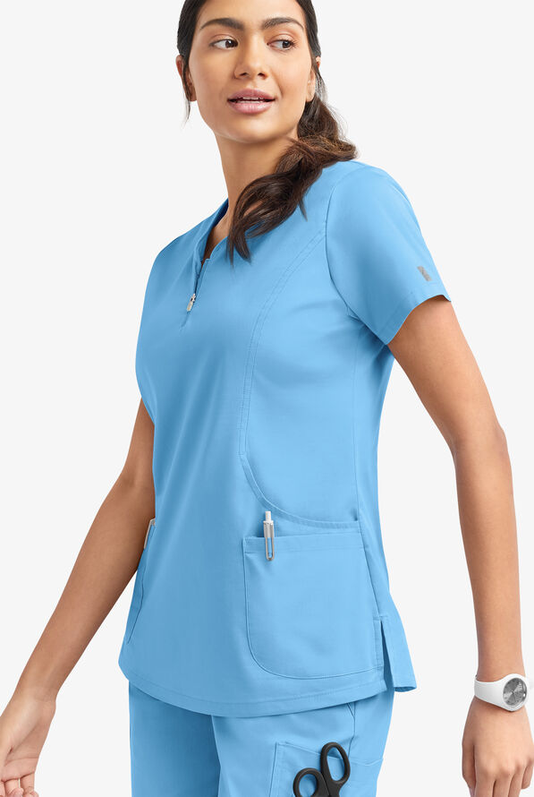 Butter-Soft STRETCH Women's 4-Pocket Curved Neck Zipper Scrub Top - Blue Oasis - 3