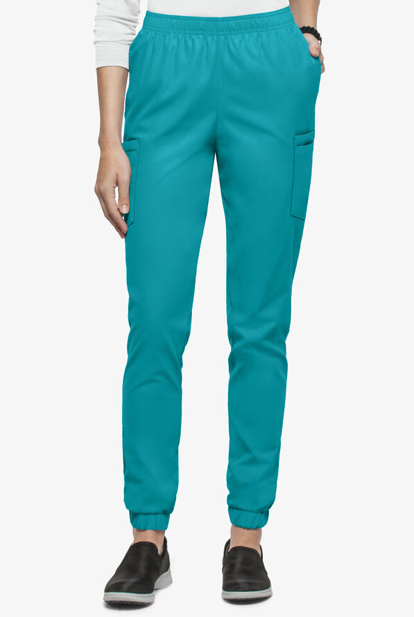 Butter-Soft Core Women's 6-Pocket Jogger Cargo Scrub Pants - Petite - Teal - 1