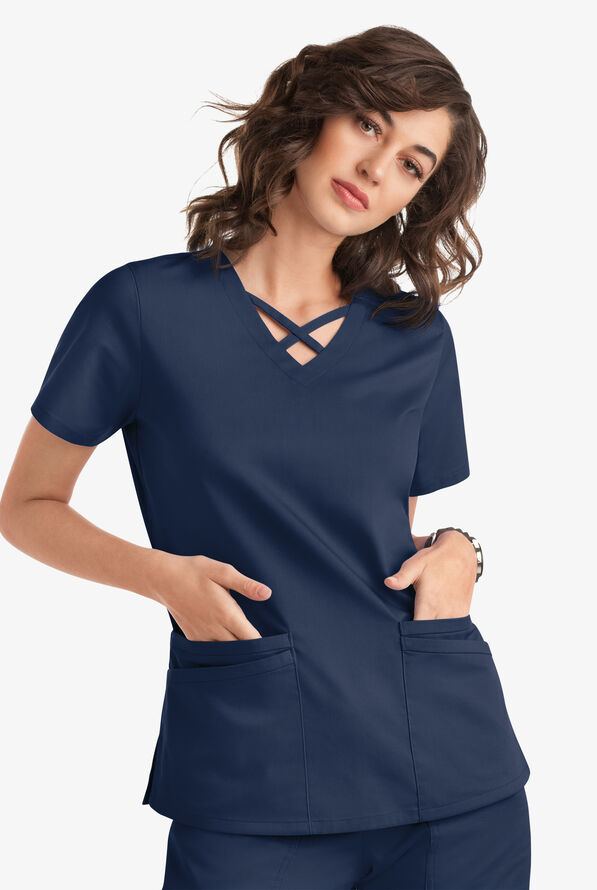 Blusa m&eacute;dica UA Butter-Soft STRETCH con lazos entrecruzados y 4 bolsillos para mujer - Navy - 5