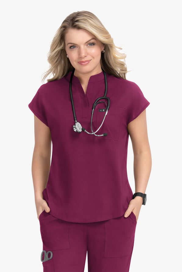 koi Basics Ari Women's 1-Pocket STRETCH Dolman Sleeve Mandarin Collar Scrub Top - Wine - 2