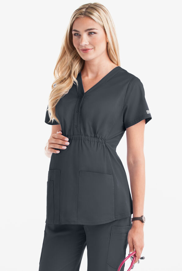 Butter-Soft STRETCH Women's 3-Pocket Knit Panel Maternity Scrub Top - Pewter - 2