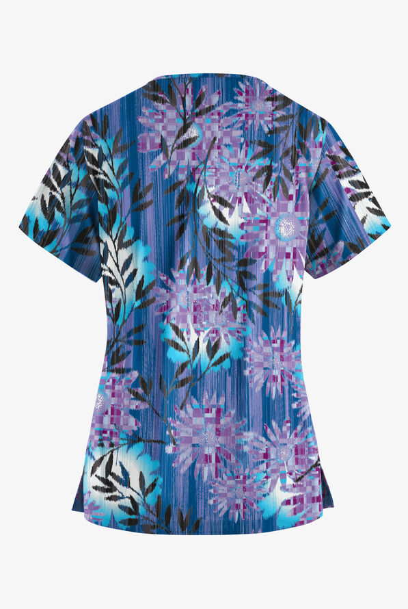 Butter-Soft Monaco Floral Royal Notch-Neck Women's 4-Pocket Print Scrub Top - null - 2