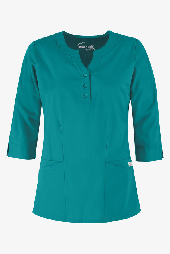 Butter-Soft STRETCH Women's 4-Pocket 3/4" Sleeve Round Neck Scrub Top - Teal - 1