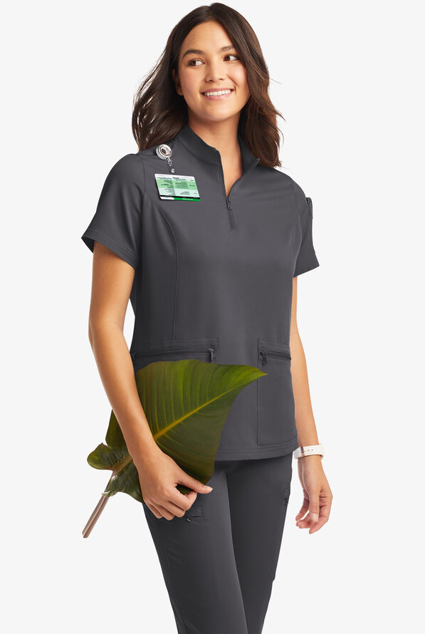Butter-Soft Women's 5-Pocket Zipper Neck Short Sleeve Scrub Top **Slightly IRREGULAR** - Pewter - 2