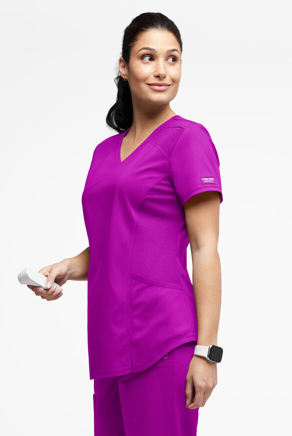 UA Exclusive Cherokee Workwear Revolution Women's 2-Pocket STRETCH Mesh Trim V-Neck Scrub Top - Pink Azalea - 2