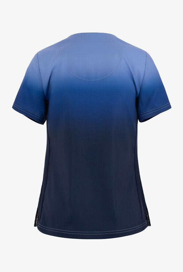 koi Lite Ceil/Navy Ombre Women's 2-Pocket STRETCH V-Neck Print Scrub Top - null - 2