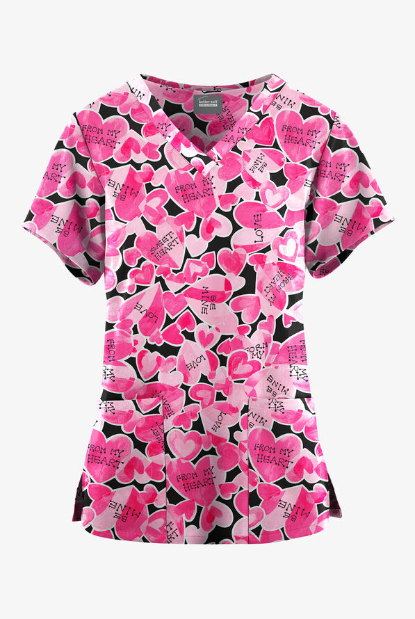 Butter-Soft Originals From My Heart Women's 4-Pocket Rounded V-Neck Print Scrub Top - null - 1