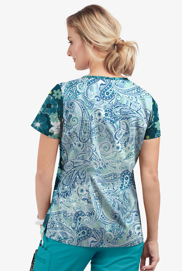 Butter-Soft STRETCH Floral Mirage & Paisley Womens 4-Pocket Crisscross Mixed Print Scrub Top - null - 2