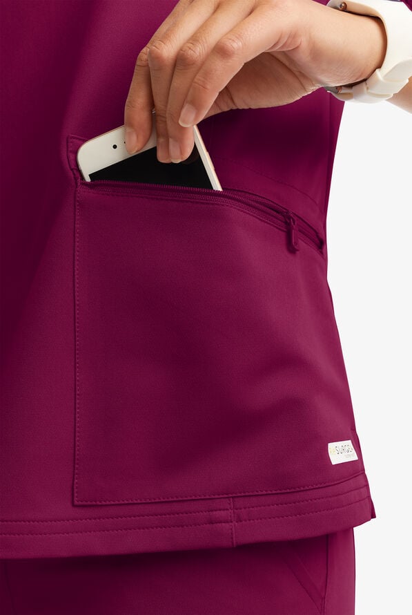 Butter-Soft Women's 5-Pocket Zipper Neck Short Sleeve Scrub Top **Slightly IRREGULAR** - Wine - 6