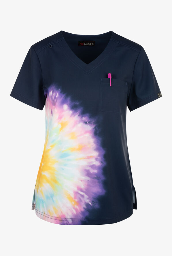 koi Basics Tie Dye Splash Women's 2-Pocket STRETCH V-Neck Print Scrub Top - null - 1