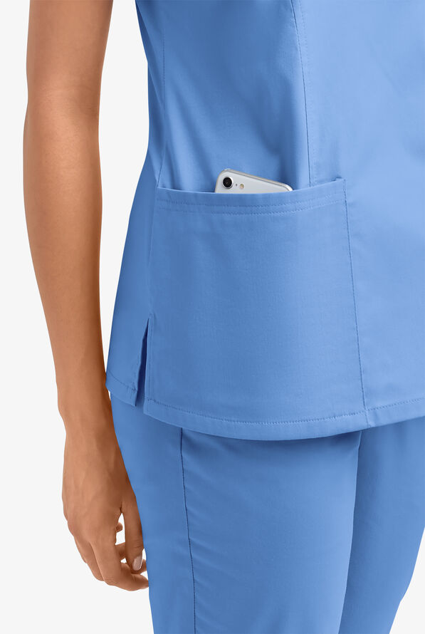 Butter-Soft STRETCH Women's 3-Pocket V-Neck Mock Wrap Scrub Top - Ceil Blue - 5