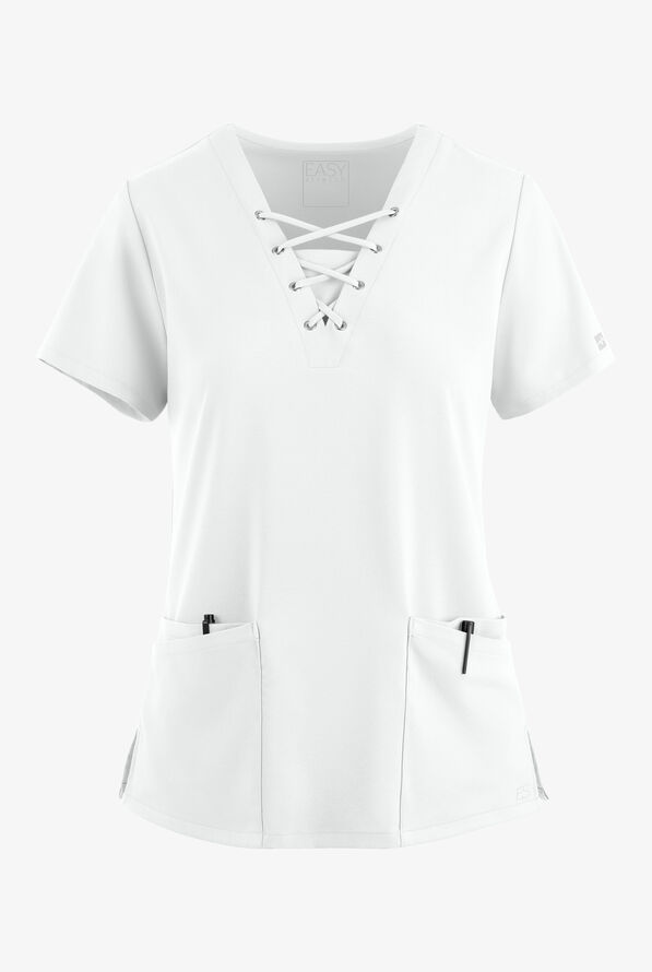Easy STRETCH Gisele Women's 4-Pocket Lace Up V-Neck Scrub Top - White - 1