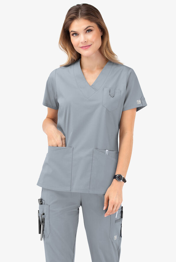 Butter-Soft STRETCH Women's 6-Pocket V-Neck Scrub Top - Silver - 8