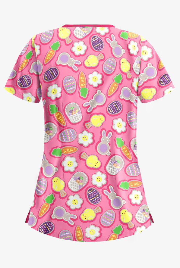 Butter-Soft Easter Cookies Ballet Pink Women's 3-Pocket Criss Cross Print Scrub Top - null - 2
