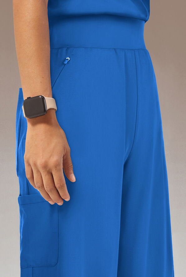 Hypothesis Y-Band Women's 6-Pocket Yoga-Style Knit Waist Wide Leg Scrub Pant - Petite - Royal - 4