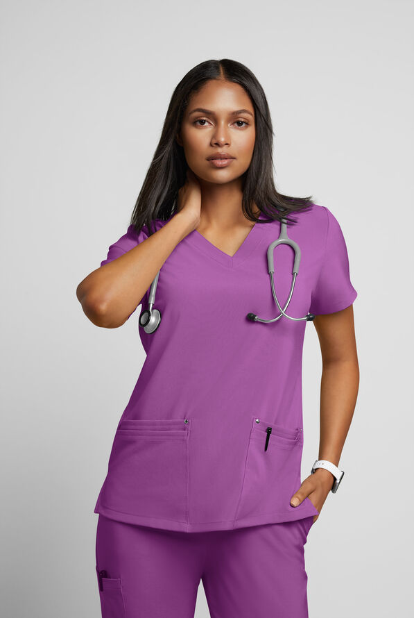 Easy STRETCH Lina Mitered Women's 4-Pocket V-Neck Scrub Top - Purple Swirl - 2