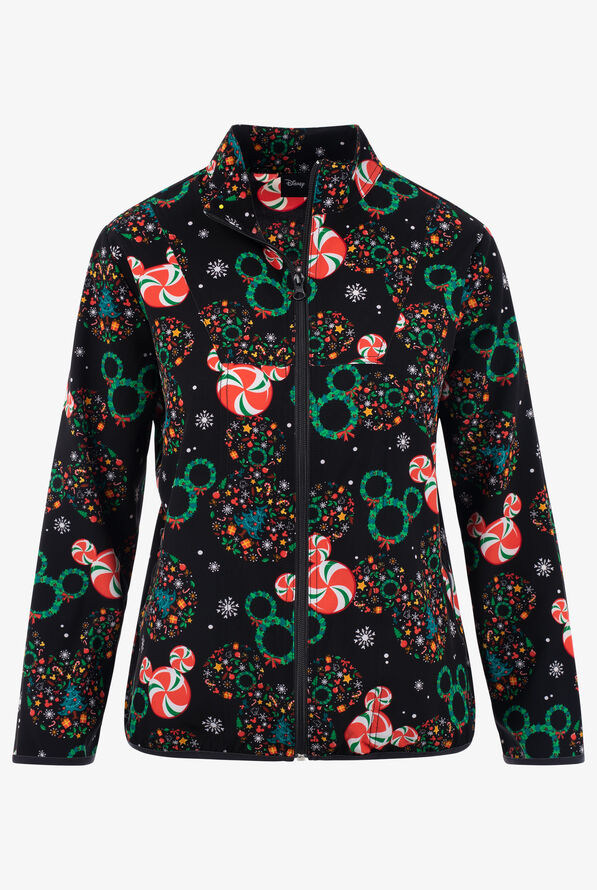 Tooniforms Disney's Mickey Mouse Holiday Heads Women's 2-Pocket STRETCH Print Scrub Jacket - null - 1