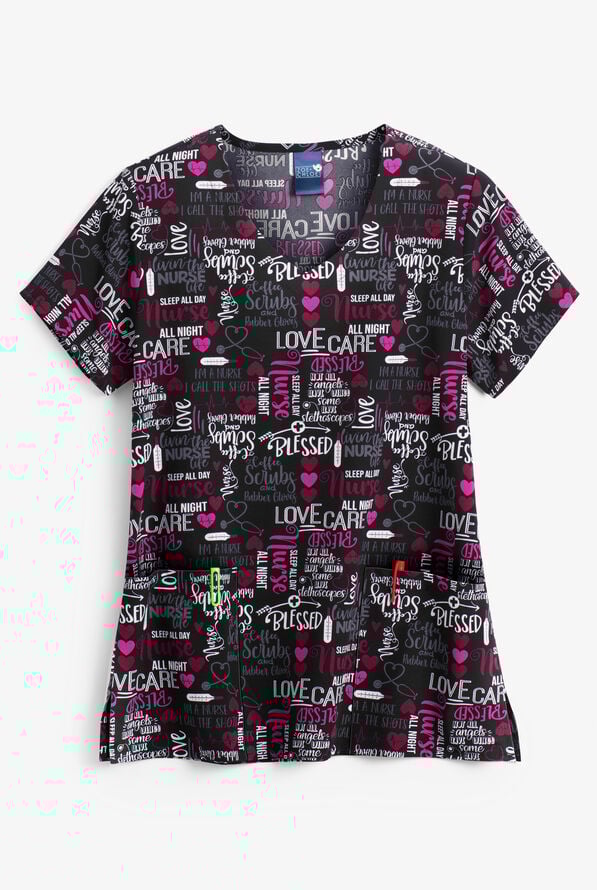 Zoe + Chloe Love and Care Women's 2-Pocket V-Neck Print Scrub Top - null - 1