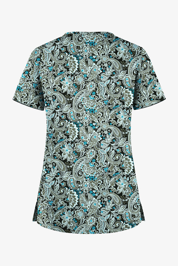 Butter-Soft STRETCH Black Romantic Paisley Women's 1-Pocket V-Neck Print Scrub Top - null - 2