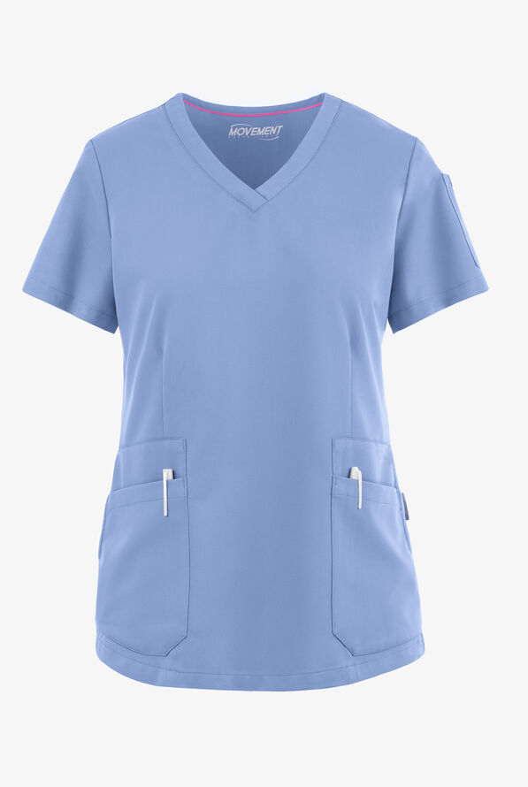 MOVEMENT by Butter-Soft STRETCH Antares Women's 6-Pocket V-Neck Scrub Top - Ceil Blue - 1