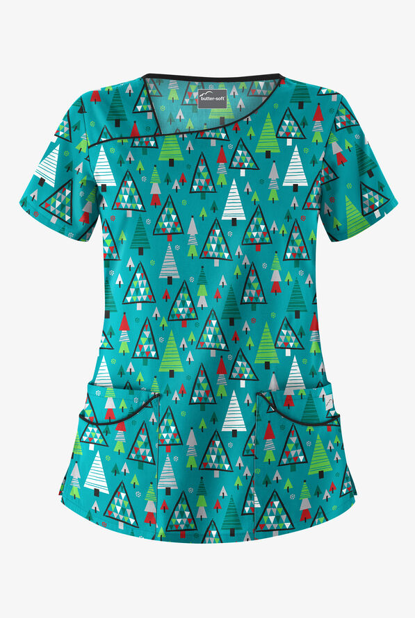 Butter-Soft X-Mas Park Teal Women's 4-Pocket Asymmetrical Neck Print Scrub Top - null - 1