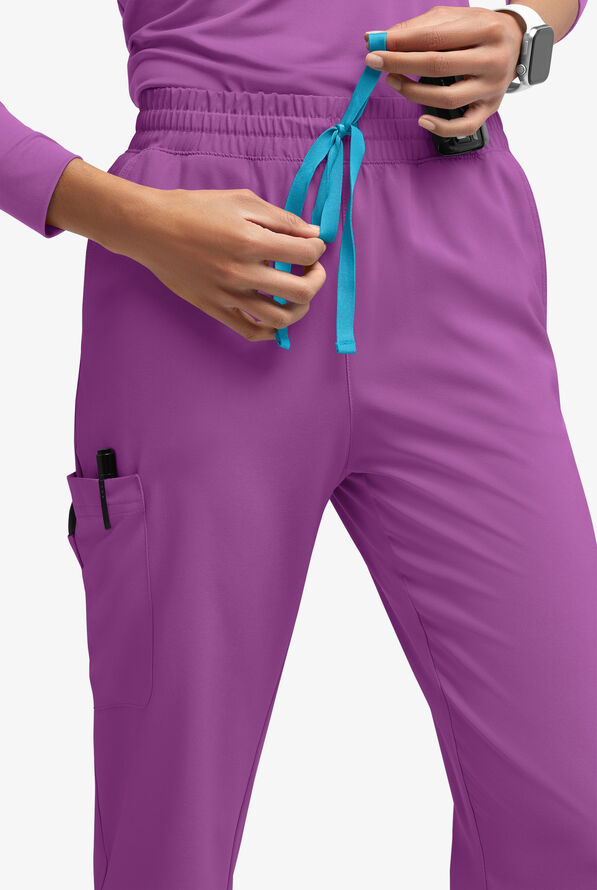 Easy STRETCH Naya Women’s Natural Waist 6-Pocket Straight Leg Scrub Pants - Petite - Purple Swirl/Turquoise - 3