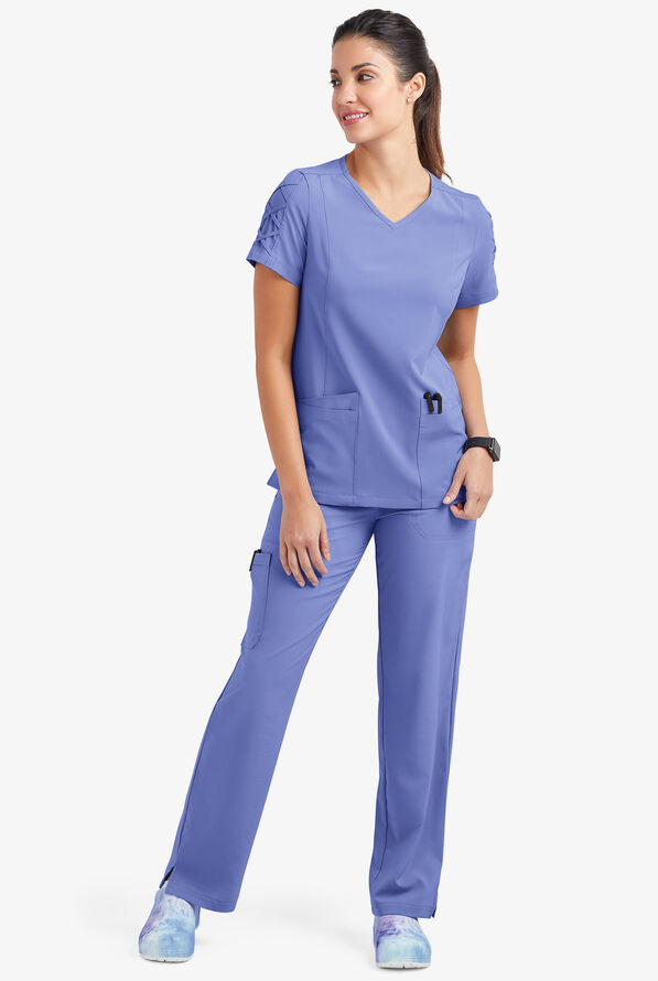 Blusa médica EASY STRETCH Kylie con detalle entrecruzado y 5 bolsillos para mujer - Ceil Blue - 2