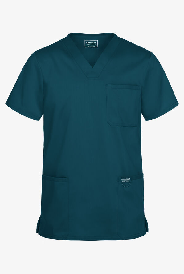 Cherokee Workwear Revolution Men's 3-Pocket STRETCH V-Neck Scrub Top - Caribbean Blue - 1