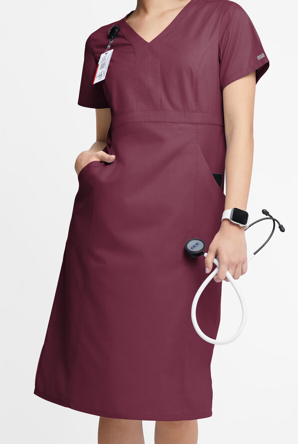 Butter-Soft Originals Women's 4- Pocket V-Neck Empire Waist Dress - Wine - 1