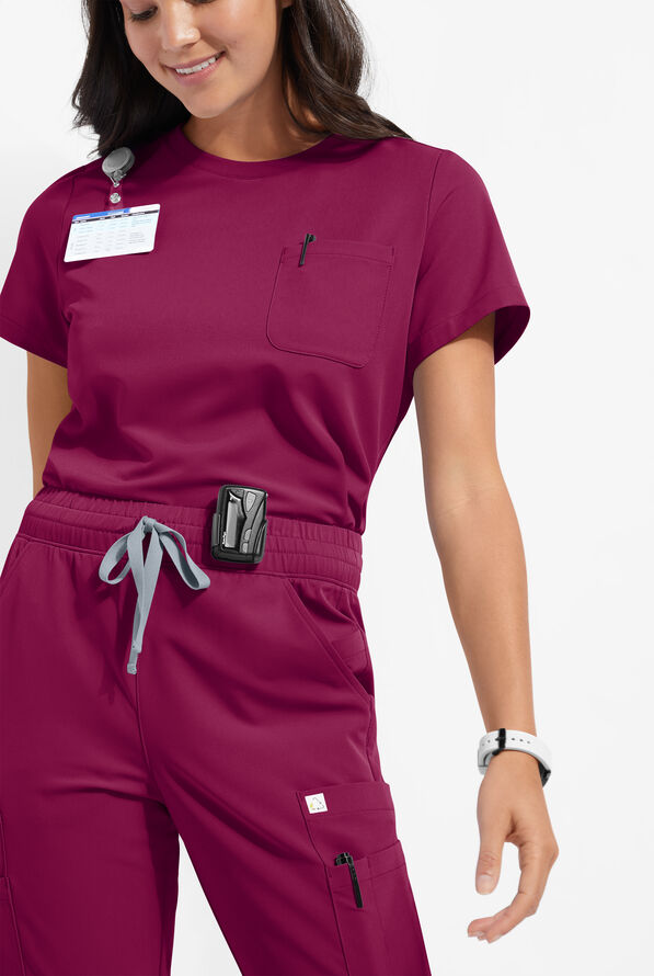 ReSurge Citrine Women's 1-Pocket Crew Neck Tuck In / Wear Out Scrub Top - Wine - 1