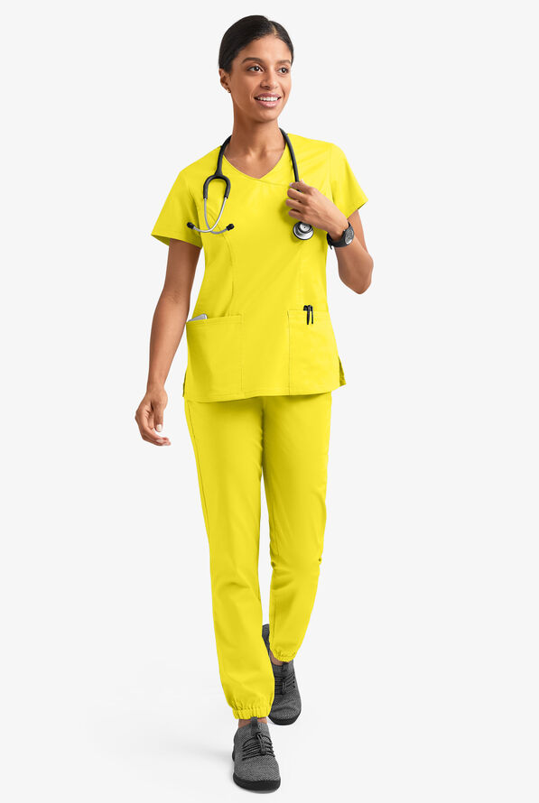 Butter-Soft STRETCH Women's 3-Pocket V-Neck Mock Wrap Scrub Top - Bright Daffodil - 6