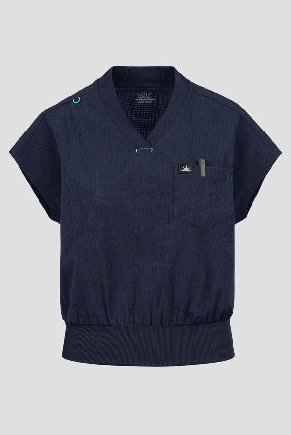koi Solis Trinity Women's 1-Pocket STRETCH Banded Bottom Split V-Neck Scrub Top - Navy - 1