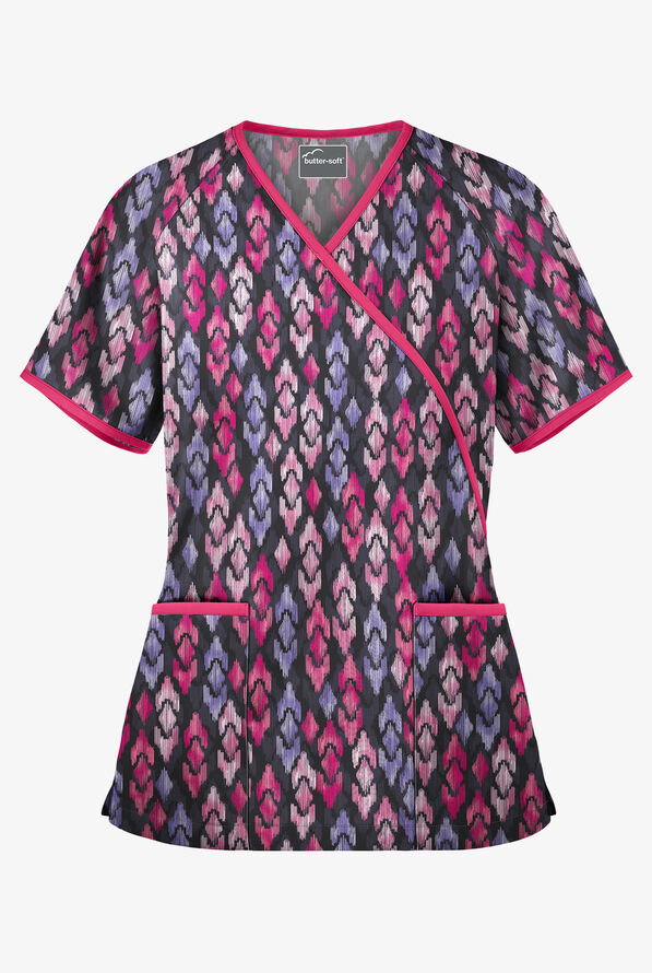 Butter-Soft Royal Ikat Women's 2-Pocket Mock Wrap Print Scrub Top - null - 1