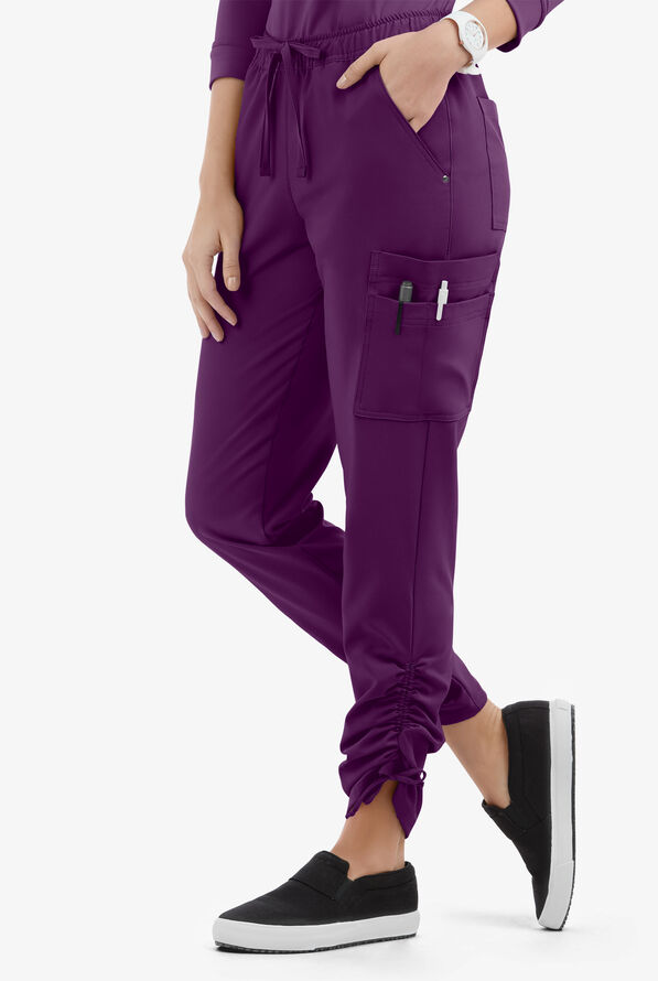 Easy STRETCH Halle Women's 11-Pocket Ruched Leg Jogger Scrub Pants - Petite - Eggplant - 1