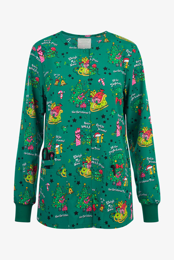 Cherokee Sleigh My Name Women's 2-Pocket STRETCH Print Scrub Jacket - null - 1