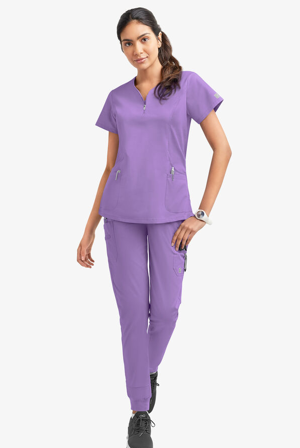 Butter-Soft STRETCH Women's 4-Pocket Curved Neck Zipper Scrub Top - Ultraviolet Light - 2